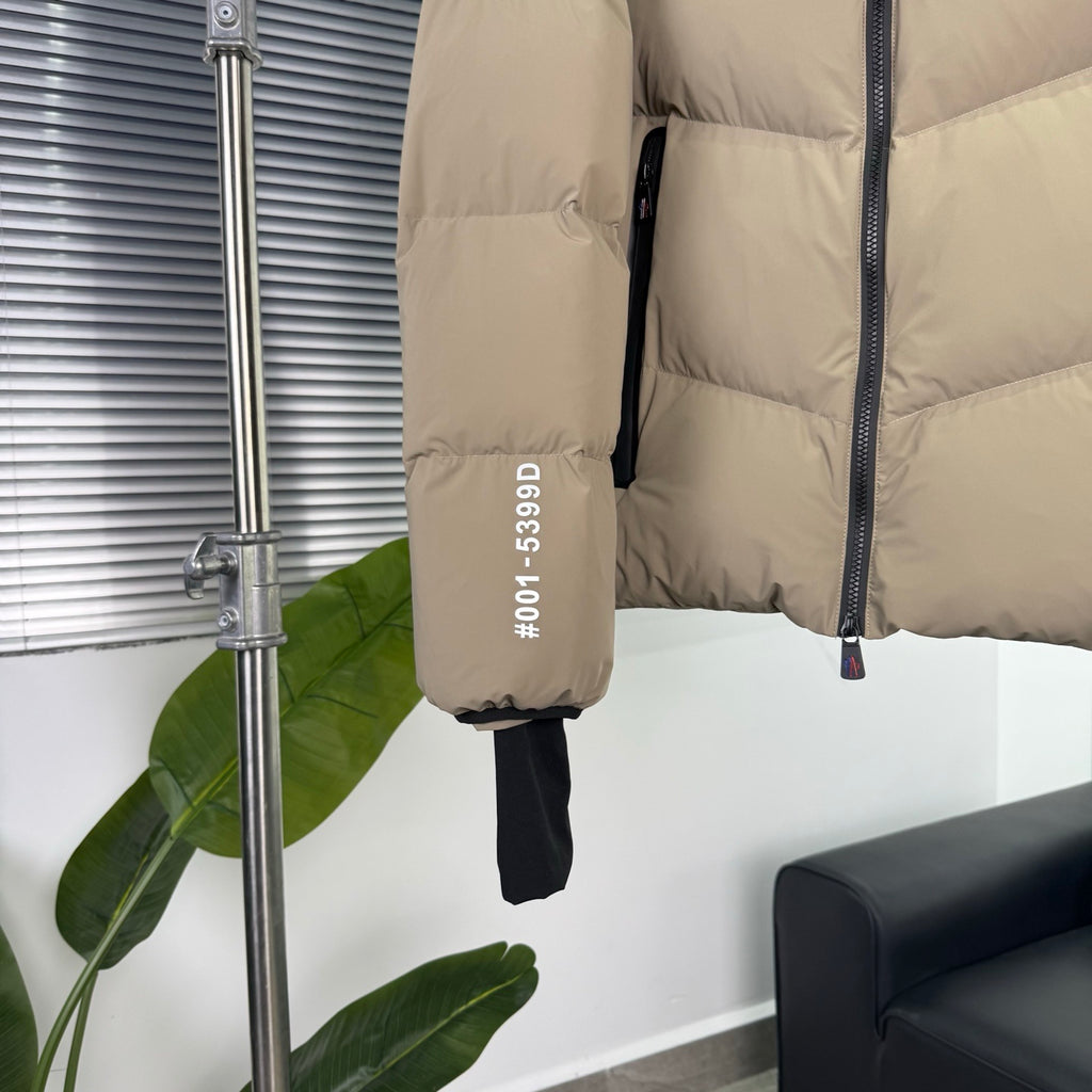 Moncler Taupe Beige Chevron-Quilt Hooded Puffer Jacket